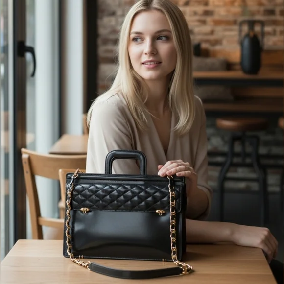 Black Quilted Leather Bag with Gold Chain - Picture 2 of 12